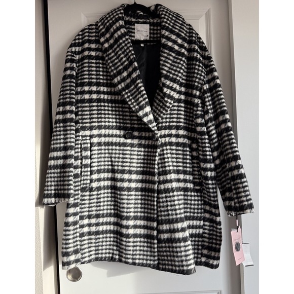 NWT Avec Les Filles‎ Womens Brushed Faux Wool Plaid Overcoat Black & White SZ L - Picture 3 of 8